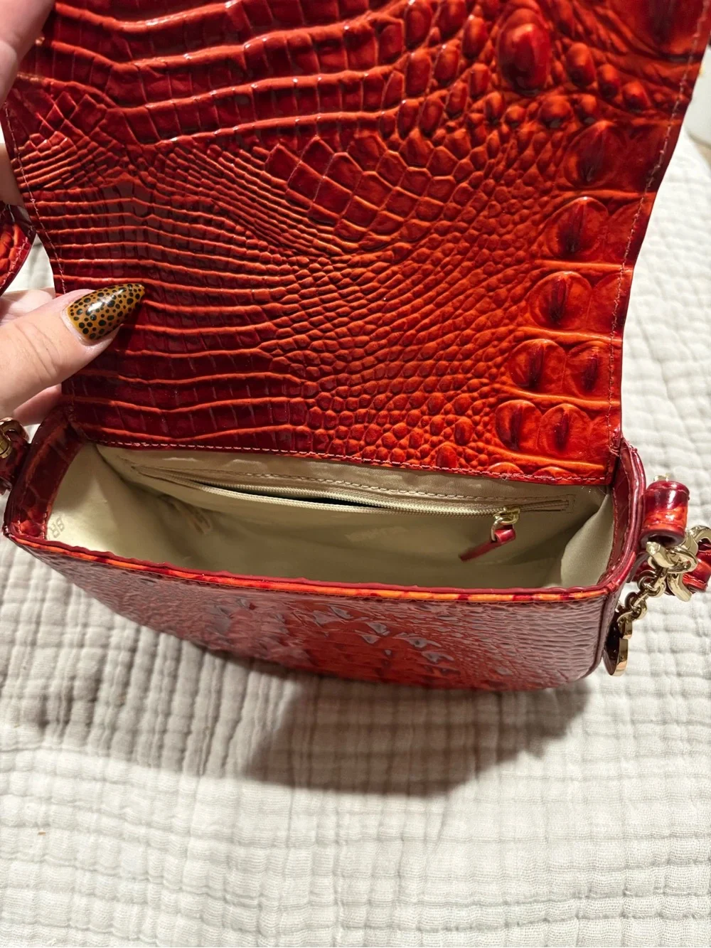Brahmin Croc-Embossed Crossbody in Shiny Orange-Red